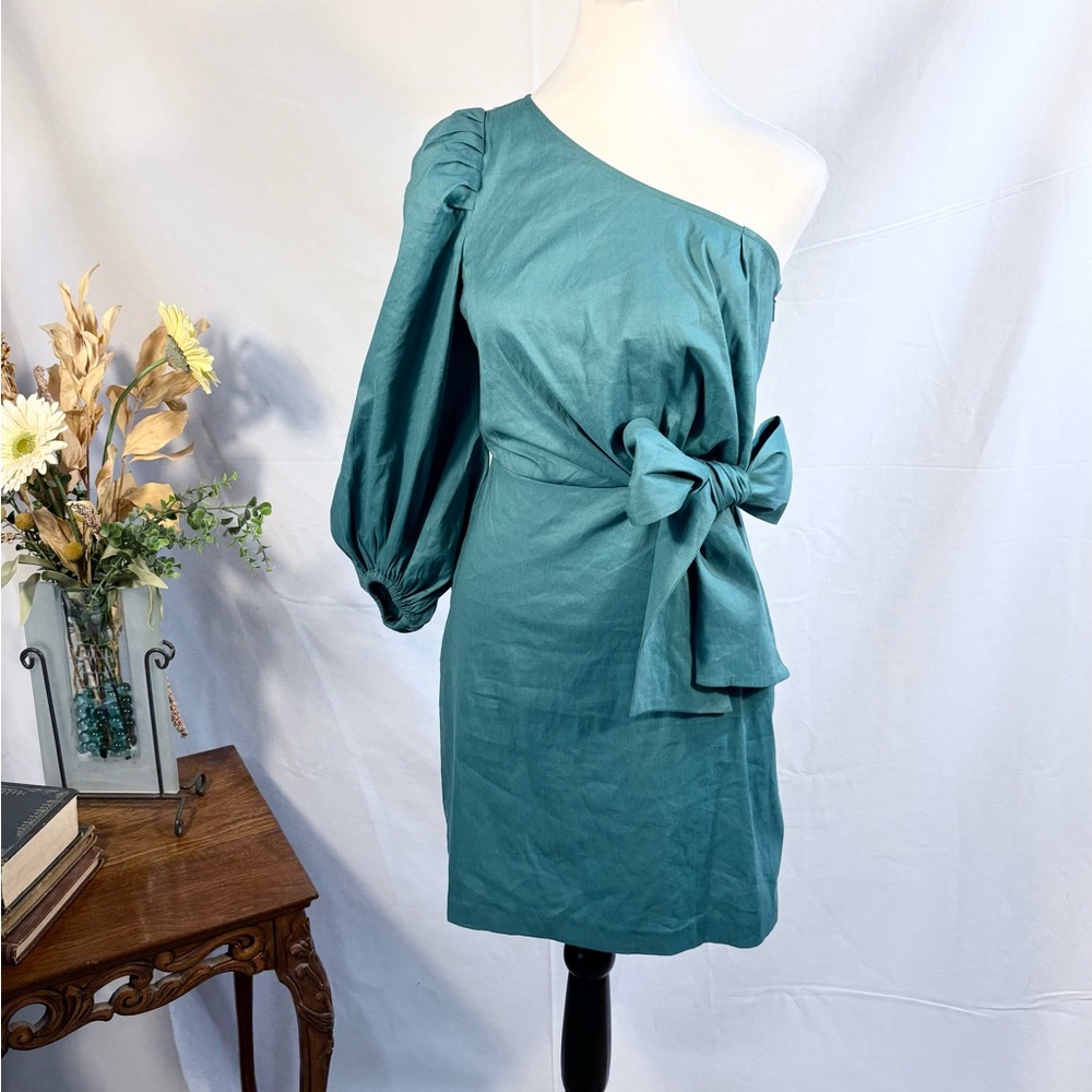 Ted Baker Lauica One Shoulder Linen Blend Mini Dress Turquoise Sz 0 US 2 🧡 - Picture 3 of 12